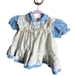 Vintage Baby Pinafore Apron Dress with Embroidered Flowers Blue Lace 24 Months